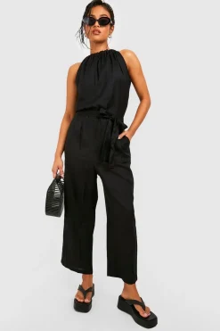 Petite Combinaison Culotte à Encolure Halter Effet Lin Ceinturée