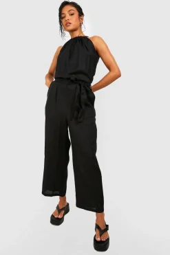 Petite Combinaison Culotte à Encolure Halter Effet Lin Ceinturée