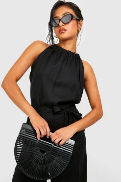 Petite Combinaison Culotte à Encolure Halter Effet Lin Ceinturée