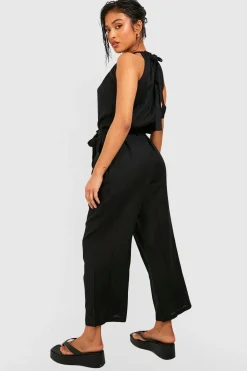Petite Combinaison Culotte à Encolure Halter Effet Lin Ceinturée