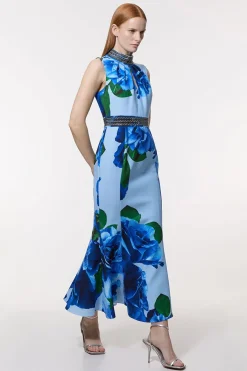 KarenMillen Petite Diamante Trim Rose Woven Maxi Dress<Femme Robes|Robes Longues