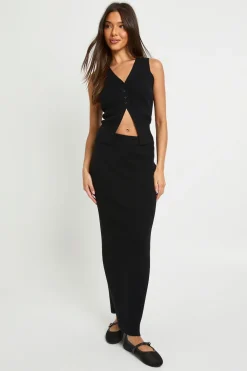 boohoo Petite ensemble coordonné de gilet en maille côtelée épaisse à col en V et jupe maxi<Femme Pulls Et Gilets|Toutes Les Mailles
