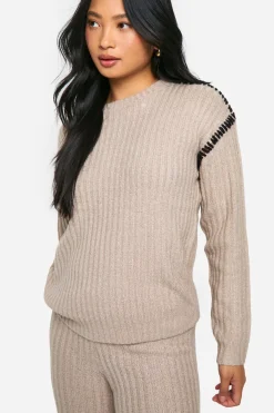 Petite ensemble tricoté premium en poids lourd avec garniture contrastée : pull et pantalon