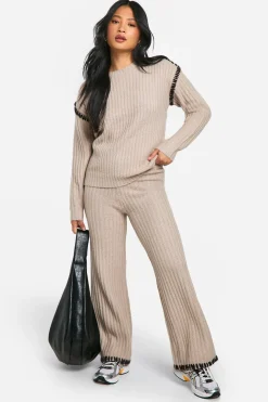 Petite ensemble tricoté premium en poids lourd avec garniture contrastée : pull et pantalon