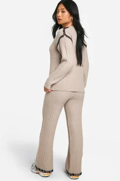 Petite ensemble tricoté premium en poids lourd avec garniture contrastée : pull et pantalon