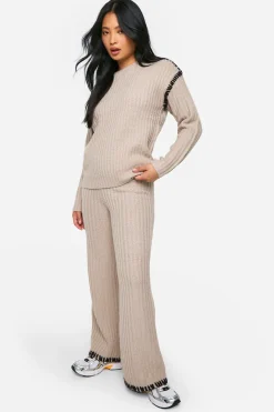 Petite ensemble tricoté premium en poids lourd avec garniture contrastée : pull et pantalon
