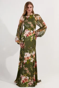 KarenMillen Petite Garden Robe Maxi Mélange Viscose, Georgette et Satin à Fleurs<Femme Satin Et Dentelle|Robes À Manches Longues