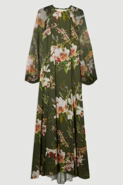 KarenMillen Petite Garden Robe Maxi Mélange Viscose, Georgette et Satin à Fleurs<Femme Satin Et Dentelle|Robes À Manches Longues