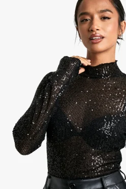 boohoo Petite haut à paillettes à col haut et manches longues<Femme Tops