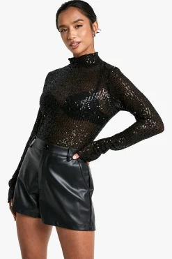 boohoo Petite haut à paillettes à col haut et manches longues<Femme Tops