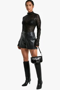 boohoo Petite haut à paillettes à col haut et manches longues<Femme Tops