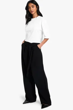 boohoo Petite Pantalon à Jambes Larges avec Détail de Ceinture Nouée<Femme Pantalons|Tailleurs