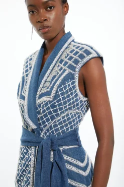 Petite Premium Pearl Embellished Denim Woven Blazer Midi Dress