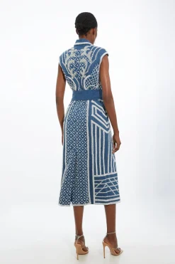 Petite Premium Pearl Embellished Denim Woven Blazer Midi Dress