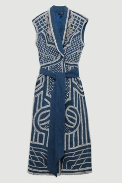 Petite Premium Pearl Embellished Denim Woven Blazer Midi Dress