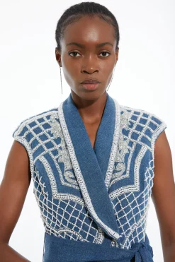 Petite Premium Pearl Embellished Denim Woven Blazer Midi Dress