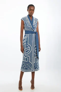 Petite Premium Pearl Embellished Denim Woven Blazer Midi Dress
