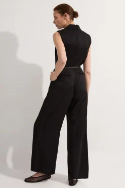 Petite Premium Viscose Linen Tailored Belted Wide Leg Jumpsuit