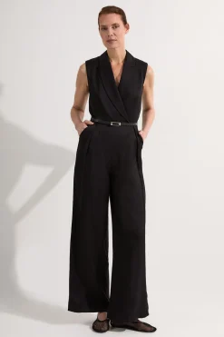 Petite Premium Viscose Linen Tailored Belted Wide Leg Jumpsuit