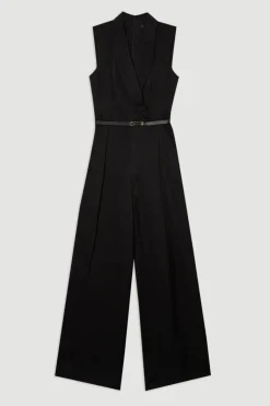 Petite Premium Viscose Linen Tailored Belted Wide Leg Jumpsuit