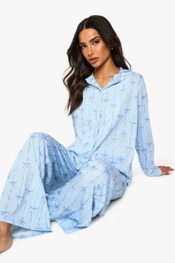 boohoo Petite Pyjama Ensemble Chemise à Manches Longues & Pantalon à Motif Noeud<Femme Pyjamas