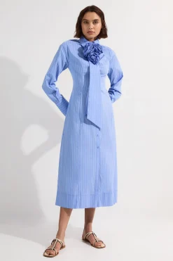 Petite Robe-Chemise Maxi Tissée en Coton Rayé à Rosette
