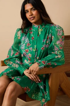 Oasis Petite Robe Chemise Mini en Organza Floral Vert<Femme Robes À Manches Longues|Robes