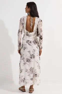 Petite robe en viscose et georgette transparente à imprimé floral esquissé, décolleté en V profond, tissée et à encolure halterneck