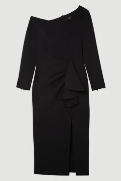 Petite robe longue maxi en crêpe stretch à encolure asymétrique drapée