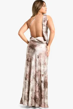 boohoo Petite robe maxi abstraite à dos drapé<Femme Robes|Robes Noires Nouées