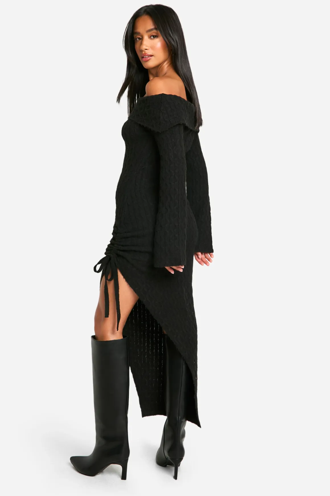 Petite Robe Maxi Bardot en Maille Câblée Douce avec Ourlet Asymétrique