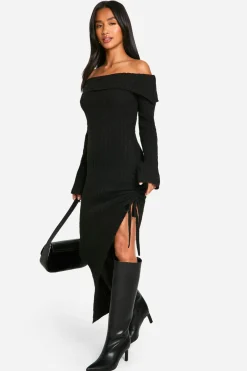 Petite Robe Maxi Bardot en Maille Câblée Douce avec Ourlet Asymétrique