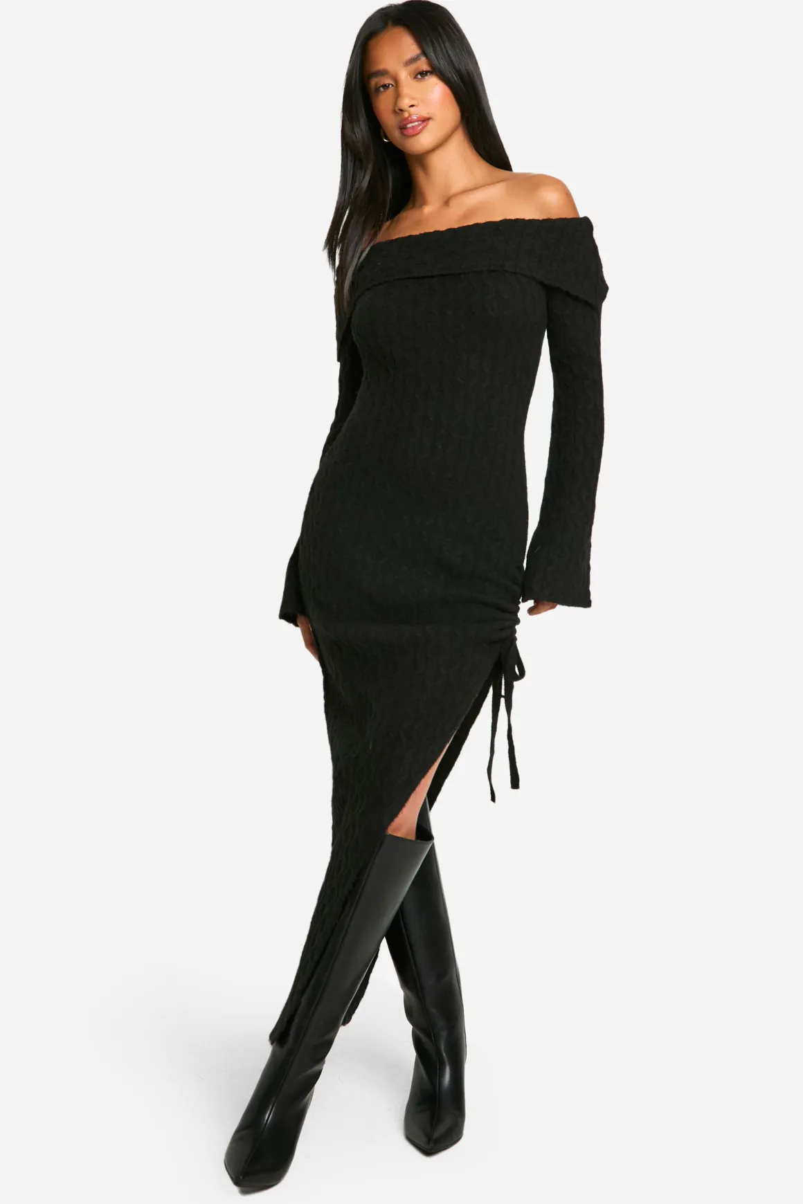 Petite Robe Maxi Bardot en Maille Câblée Douce avec Ourlet Asymétrique