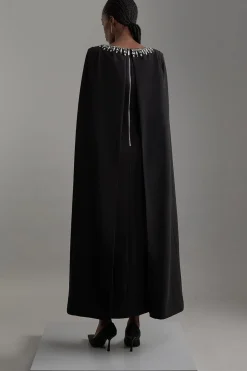 Petite robe maxi cape tissée en crêpe de viscose ornée de cristaux