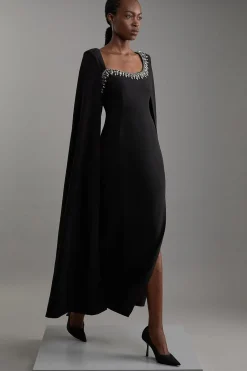 Petite robe maxi cape tissée en crêpe de viscose ornée de cristaux