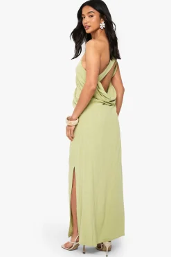 boohoo Petite Robe Maxi à effet lin drapé avec bretelles dans le dos<Femme Robes|Robes De Soirée Chic