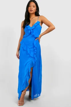 boohoo Petite Robe Maxi en Chiffon à Volants<Femme Toutes Les Robes|Robes Noires Nouées