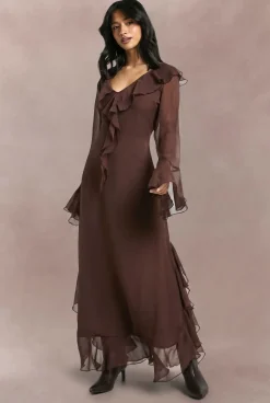Petite Robe Maxi en Chiffon à Volants, Manches Évasées et Ceinture