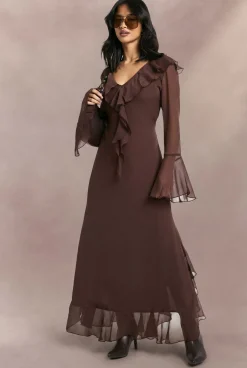 Petite Robe Maxi en Chiffon à Volants, Manches Évasées et Ceinture