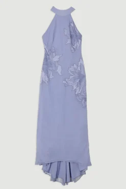 KarenMillen Petite robe maxi en georgette tissée, appliquée et en dentelle à col halterneck<Femme Satin Et Dentelle|Robes