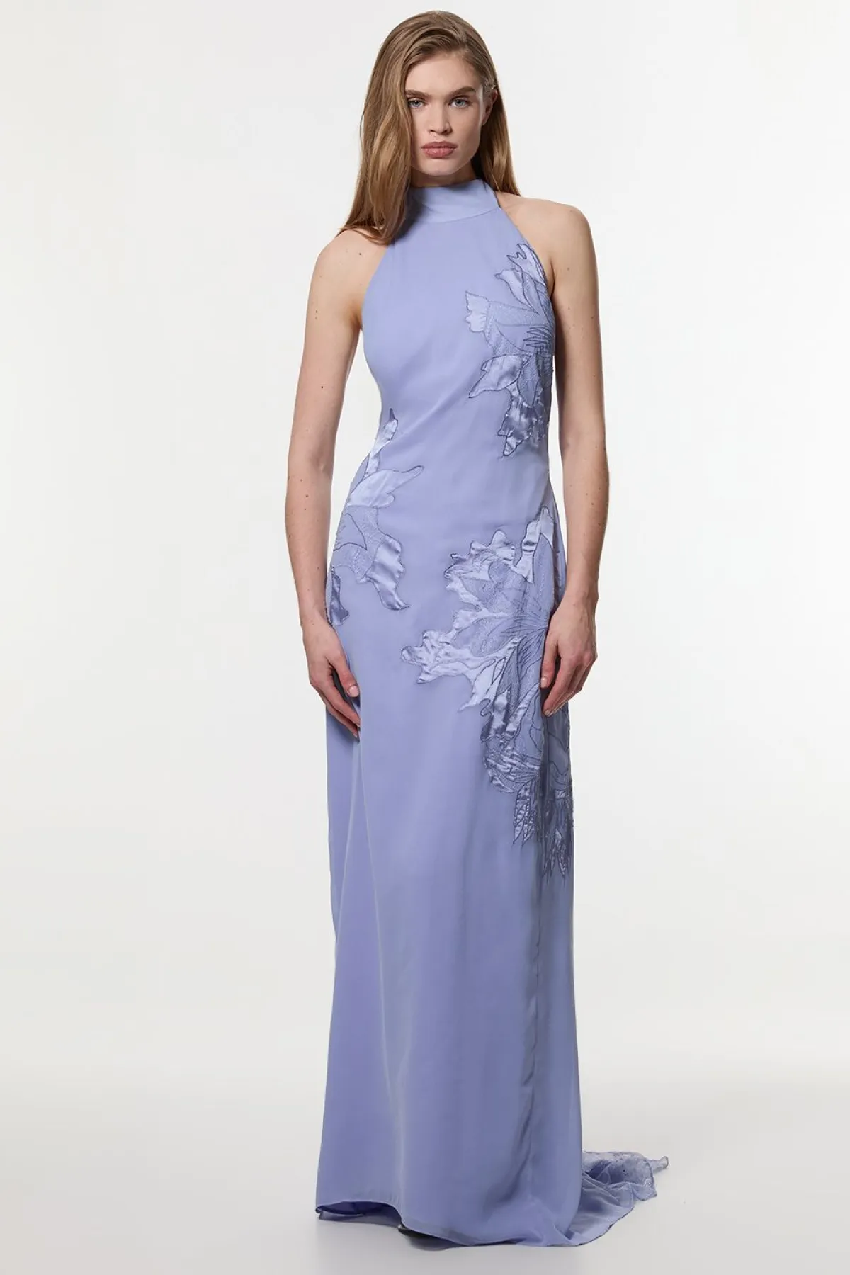 KarenMillen Petite robe maxi en georgette tissée, appliquée et en dentelle à col halterneck<Femme Satin Et Dentelle|Robes