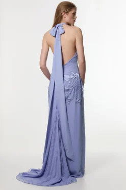 KarenMillen Petite robe maxi en georgette tissée, appliquée et en dentelle à col halterneck<Femme Satin Et Dentelle|Robes