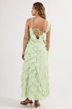Petite Robe Maxi Tissée à Bretelles avec Volants Ornés
