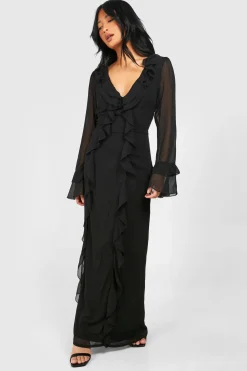 Petite robe maxi tissée à encolure plongeante, volants et manches évasées