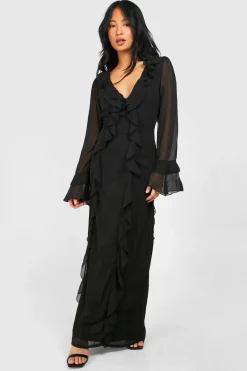 Petite robe maxi tissée à encolure plongeante, volants et manches évasées