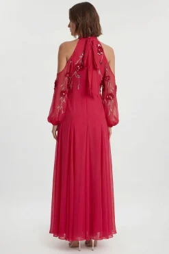 Petite robe maxi tissée à épaules dénudées avec appliqué floral 3D