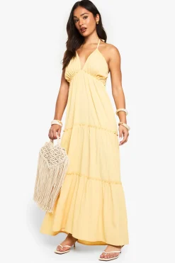 Petite Robe Maxi à Tissu Froissé Texturé, Bretelles et à Plusieurs Niveaux