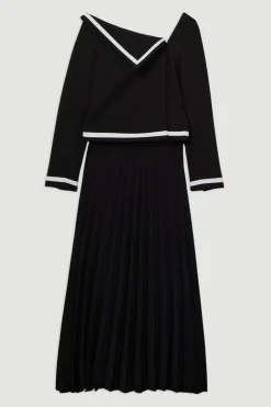 Petite Robe Midaxi Compact Stretch à Encolure Asymétrique, Bloc de Couleur, à Plis et Coupe Ajustée