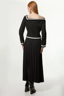 Petite Robe Midaxi Compact Stretch à Encolure Asymétrique, Bloc de Couleur, à Plis et Coupe Ajustée