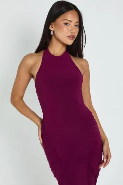 Petite robe midaxi à panneaux froncés et encolure halterneck